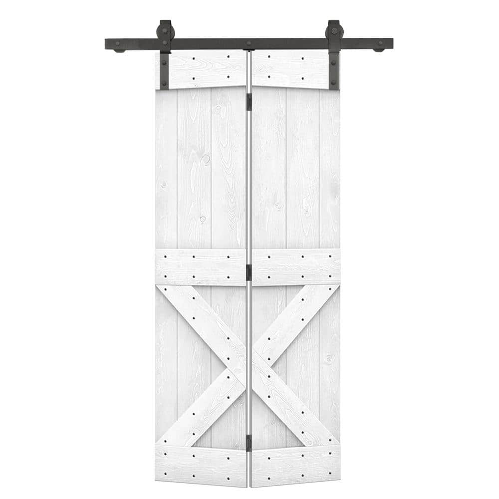 CALHOME 30 in. x 84 in. Mini X Series Solid Core White Stained DIY Wood Bi-Fold Barn Door with Sliding Hardware Kit
