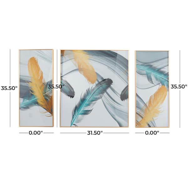3- Panel Bird Feathers Framed Wall Art with Gold Aluminum Frame 36 in. x 32 in.