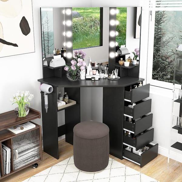 Costway 1-Piece Black Corner Makeup Vanity Desk Cosmetic Vanity Station with LED Mirror and Power Outlets