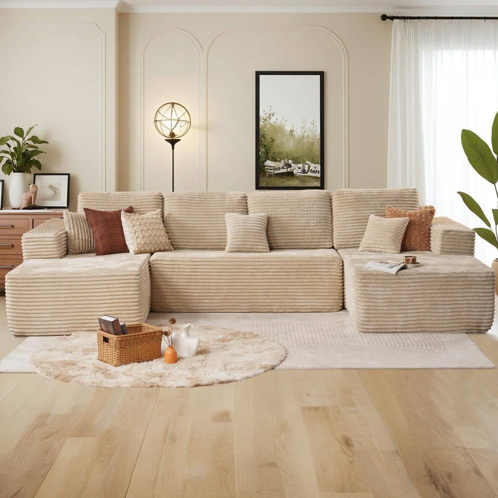 Allwex VF 133 in. Wide Arm 4-Piece Modern Plush Corduroy U-Shape