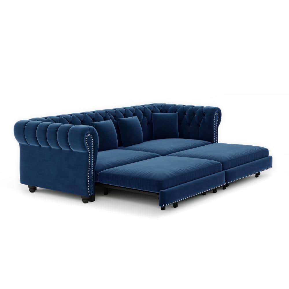 89 in Rolled Arm Velvet Rectangular 3-in-1 Convertible Sleeper Sofa Bed with Ottoman in Blue price history on PriceWatchPro