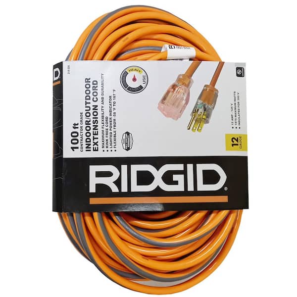 RIDGID 100 ft. 12/3 Heavy-Duty Contractor-Grade Indoor/Outdoor Extension  Cord HD#214-026 - The Home Depot
