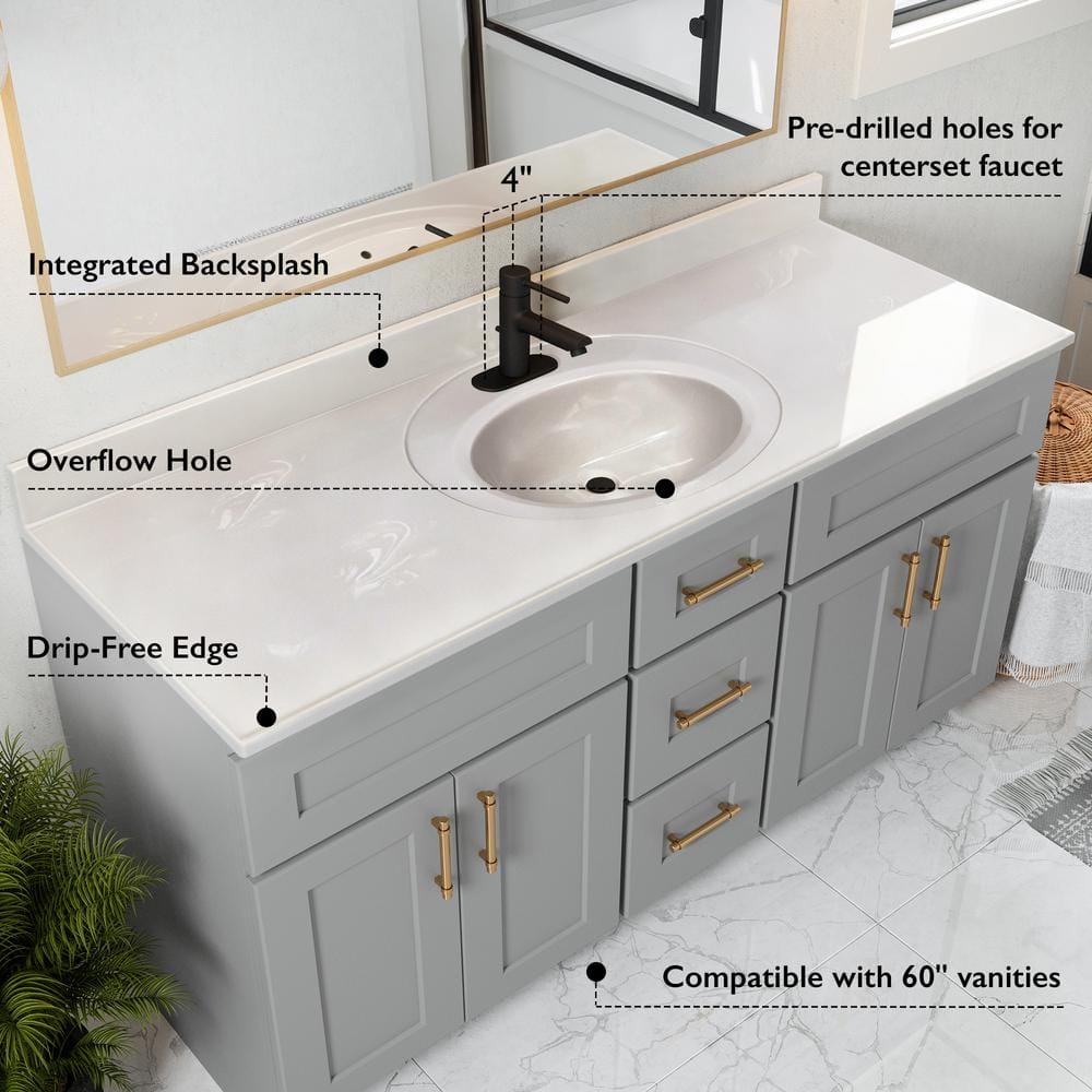 61-Inch Ivory Swirl Cultured Marble Vanity Top with Integrated Backsplash