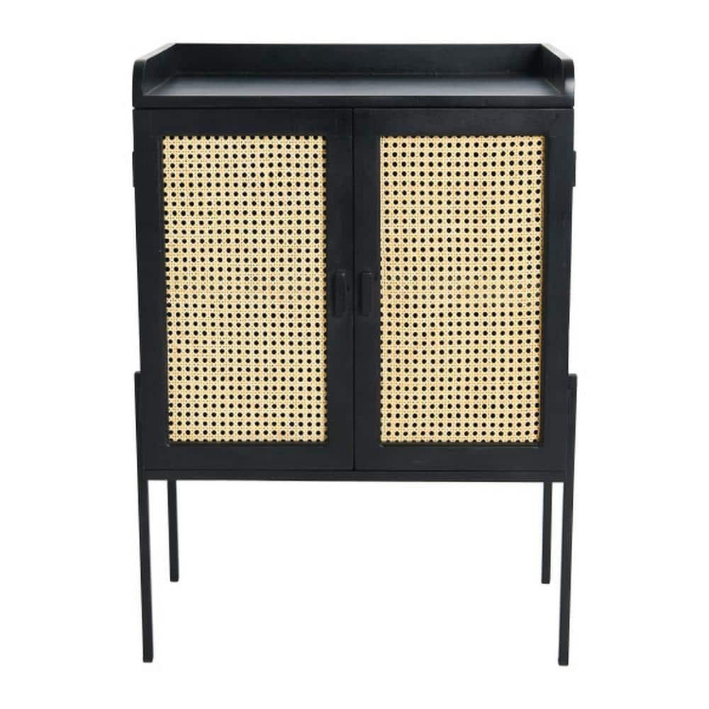 Black and Natural Solid Wood Bar Cabinet with Woven Cane Doors