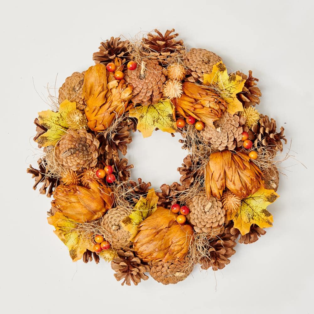 13 in. Fall Leaves Artichokes Pine Cones and Berries Wreath