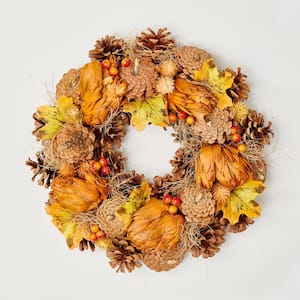 13 in. Fall Leaves Artichokes Pine Cones and Berries Wreath
