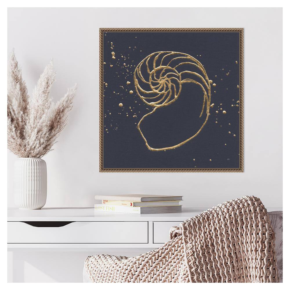 22" Gold Nautilus Shell Beaded Framed Canvas Art