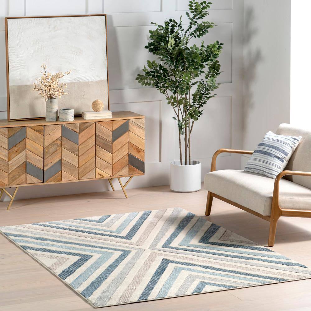 Blue Chevron Pattern Stain-Resistant Runner Rug
