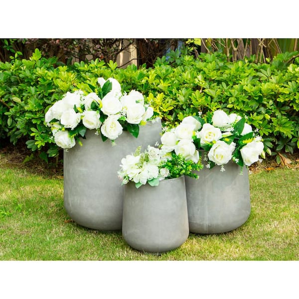 17.3 in. Tall Natural Lightweight Concrete Footed Tulip Outdoor Round  Planter (Set of 3)