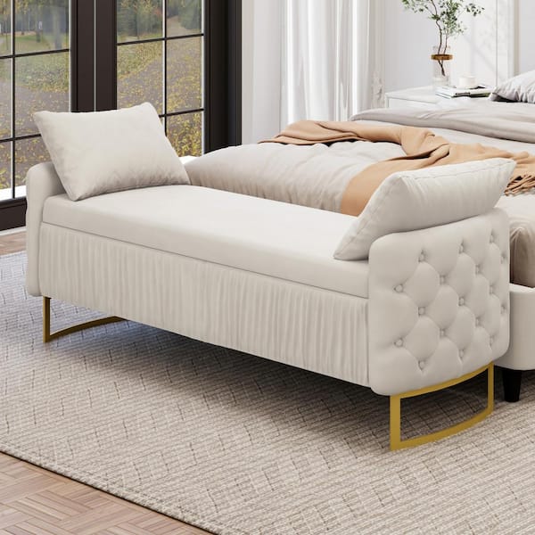 Noble House Havenwood White Velvet Modern Storage Ottoman with Pillows, Tufted, Ruched