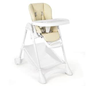 Beige Convertible Folding Adjustable High Chair w/Wheel Tray Storage Basket