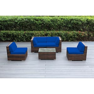 Ohana Mixed Brown 5-Piece Wicker Patio Seating Set with Sunbrella Pacific Blue Cushions