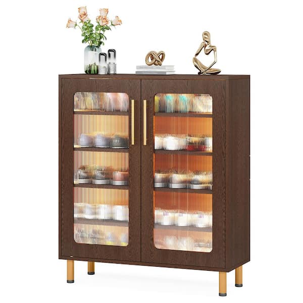 BYBLIGHT 39.4 in. H x 31.5 in. W Walnut Shoe Storage Cabinet with Doors and Light, 5-Tier Shoe Rack with Adjustable Shelves