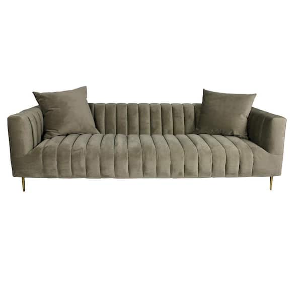 HomeRoots Amelia 90 in. Round Arm Velvet Modern Rectangle Sofa in. Gray, Brown