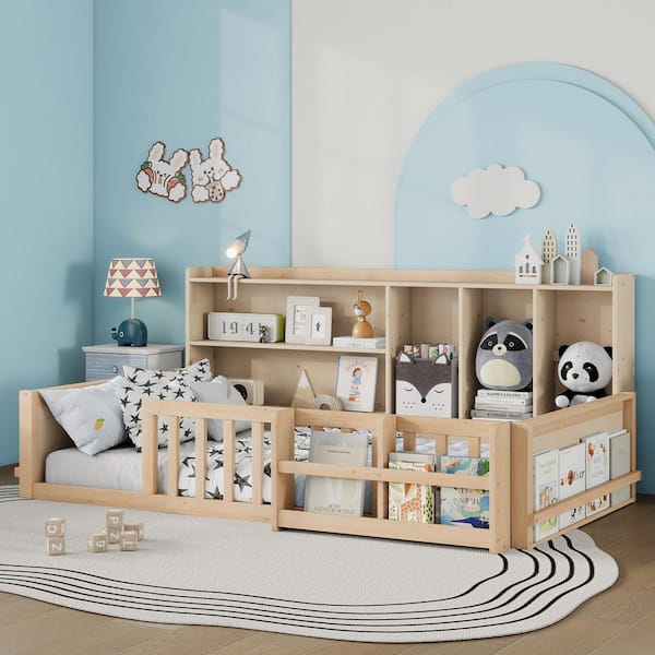 Modern Floor Bed Natural Brown Wood Frame Twin Kids Platform Bed with Storage Shelves and Guardrail Fence