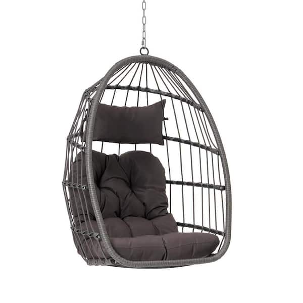 Tunearary Outdoor Carbon Ash Wicker Rattan Egg Swing Chair Patio Swing Hanging Chair with Dark Gray Cushion