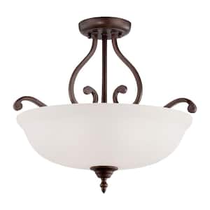 3-Light Rubbed Bronze Semi-Flush Mount Light with Etched White Glass