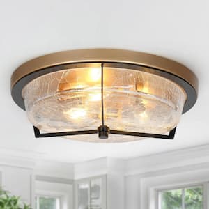 Modern Farmhouse Circle Flush Mount Lighting, 3-Light Gold Transitional Round Ceiling Lights with Crackle Glass Shade