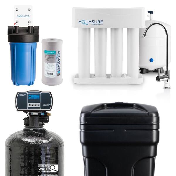 Aquasure Whole House Filtration With 64 000 Grain Water Softener Reverse Osmosis System And Sediment Gac Pre Filter As Whf64d The Home Depot