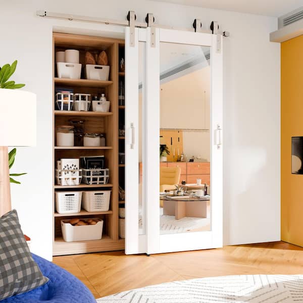 60 in. x 80 in. 1-Lite Mirrored Glass White Primed Pine Wood Bypass Barn Door Slab with Nickel-Plated Hardware Kit Set