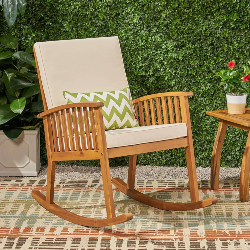 1-PCS Acacia Wood Outdoor Rocking Chairs with Beige Cushions and Back Pillo