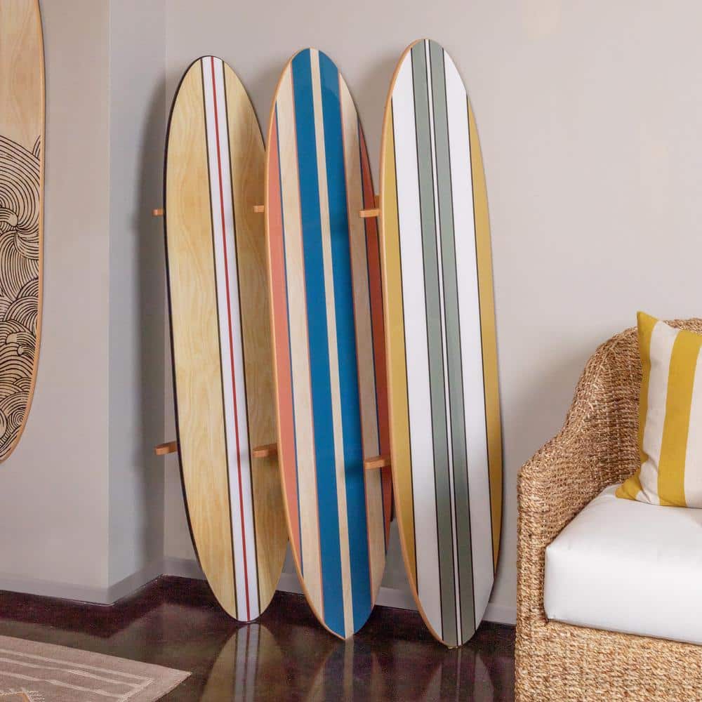 Colorful Marine Wood Surfboard Wall Art with Orange and Blue Stripes