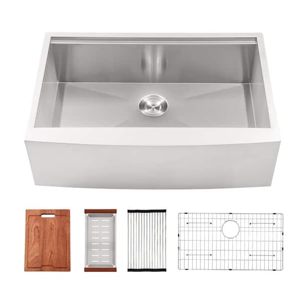 Sarlai 36 in. Farmhouse Single Bowl 16 Gauge Stainless Steel Right Angle Apron Front Workstation Kitchen Sink with Strainer