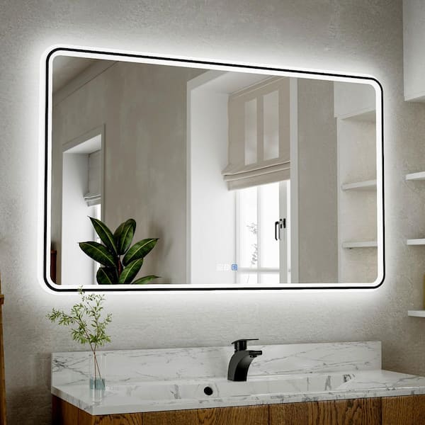 48 in. W x 30 in. H Rectangular Framed Wall LED Bathroom Vanity Mirror with Dimmable LED Bathroom Mirror in Black