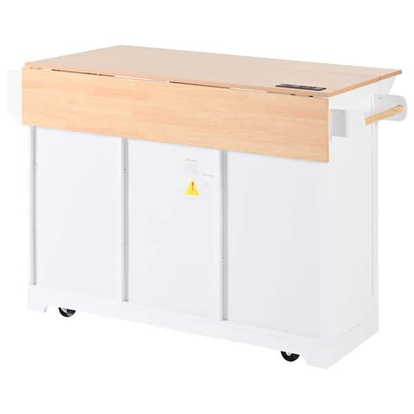 White Kitchen Cart with 2 Drop-Leaf, USB Charging Station, Spice and Towel Rack, 3 Drawers