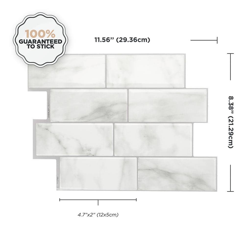 Metro Carrera White Marble Peel and Stick Backsplash Tiles