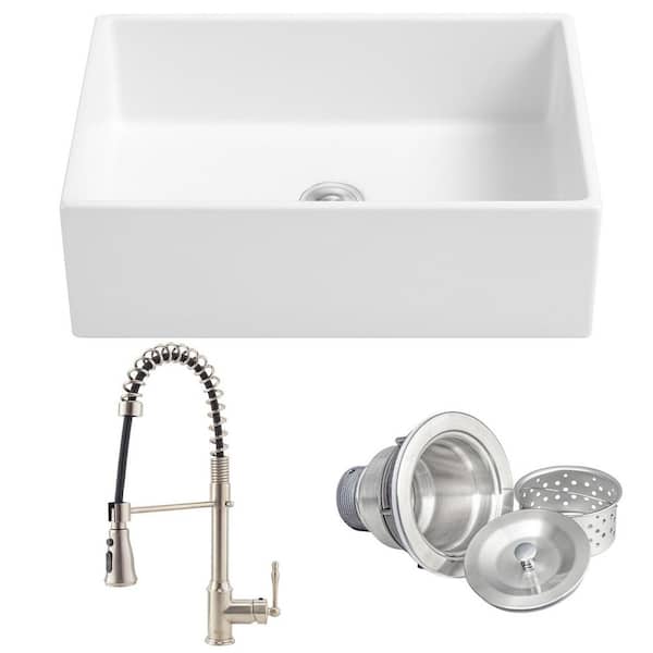 White Fireclay 30 in. Single Bowl Apron-Front Kitchen Sink with Faucets and Basket Strainer