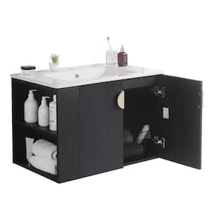 30 in. W x 19 in. D x 20 in. H Wall Mounted Bathroom Vanity with White Ceramic Sink, 2-Doors Cabinet, Open Shelf, Black