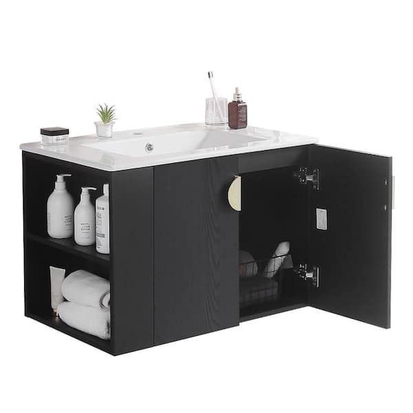 cadeninc 30 in. W x 19 in. D x 20 in. H Wall Mounted Bathroom Vanity with White Ceramic Sink, 2-Doors Cabinet, Open Shelf, Black