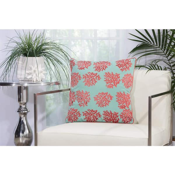 Mina Victory Aqua and Coral Floral Stain Resistant 18 in. x 18 in. Indoor/Outdoor Throw Pillow