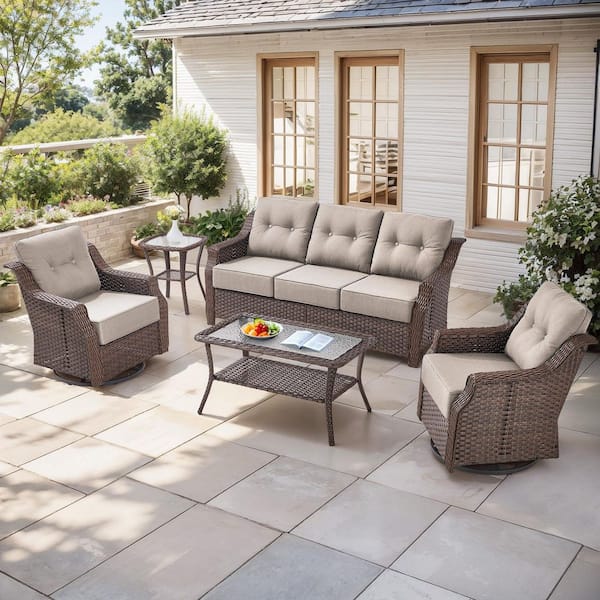 FangorHills 5-Piece Wicker Patio Conversation Set with Beige Cushions and Coffee Table