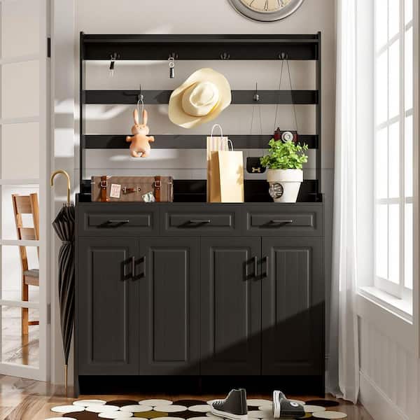 78.7"H x 51.2"W Black 4-Door Shoe Storage Cabinet with Coat Racks, 3 Drawers, 8 Shelves, Metal Hooks and Handles