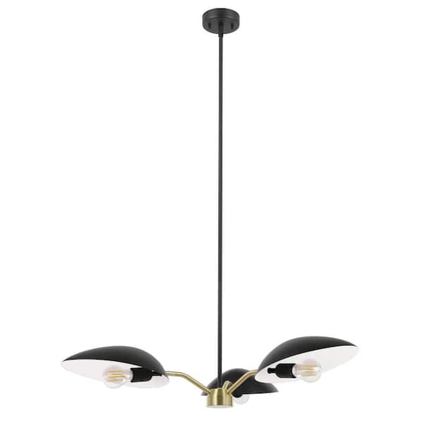 Eglo Lindmoor 36.22 in. W x 76 in. H 3-Light Black/Brushed Brass Chandelier with Black/White Metal Dome Shades