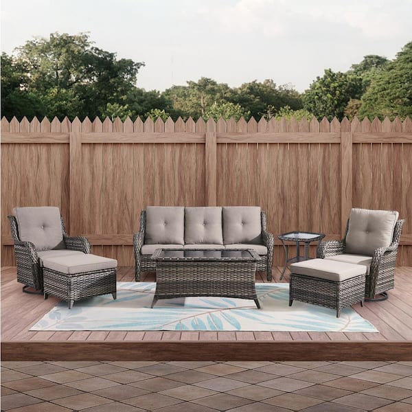 Gray 7-Piece Wicker Patio Conversation Set with Swivel Rockers, Outdoor Sofa Seating Set with Olefin Gray Cushions