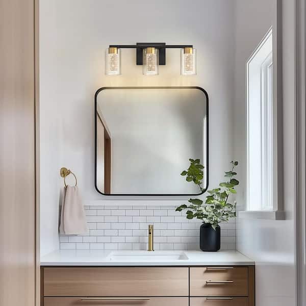18 in. 3-Light Black and Gold LED Vanity Light, Warm to Cool Lighting with Clear Glass for Bathroom Mirror