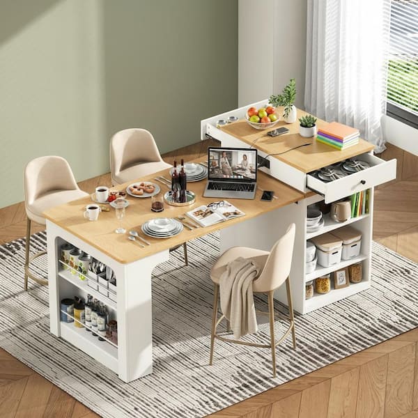 Modern White Wood 59.5 in. Power Outlet Kitchen Island Extendable Dining Table with Double-Sized Storage and 2-Drawer