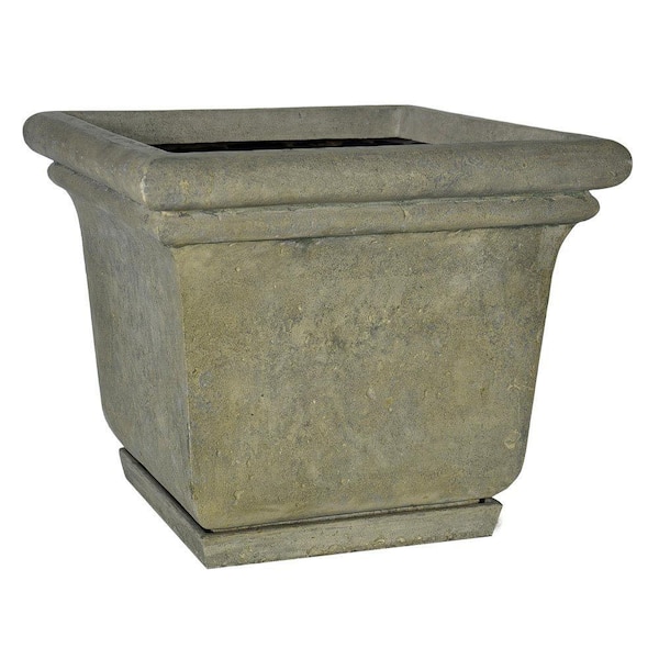 MPG 24 in. Square Cast Stone Fiberglass Planter with Attached Saucer in Aged Granite Finish