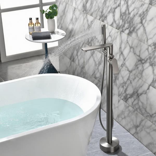 Vara 1-Handle 41 in. H Freestanding Tub Faucet with Hand Shower and 360° Swivel Spout in Brushed Nickel