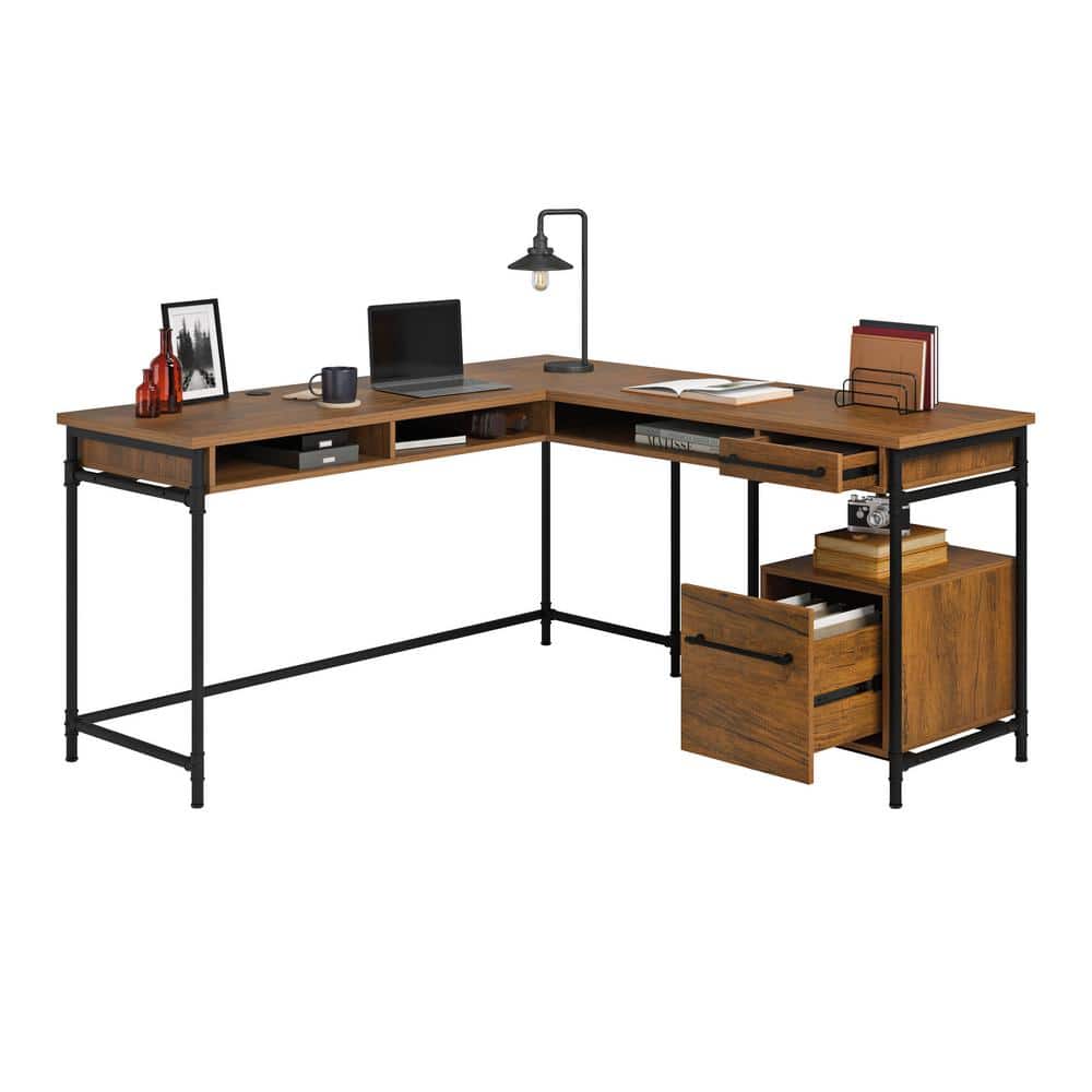 Brown Wood L-Shaped Computer Desk with Drawer and Filing Cabinet