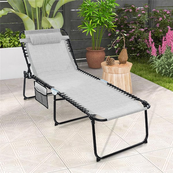 Gray Metal Folding Outdoor Chaise Lounge Chair 4 Position Patio Recliner with Pillow Sunbathe Chair
