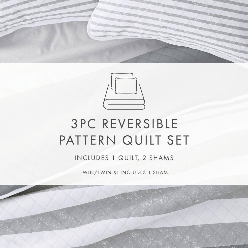 Light Gray Twin Reversible Microfiber Quilt Set with Stripes