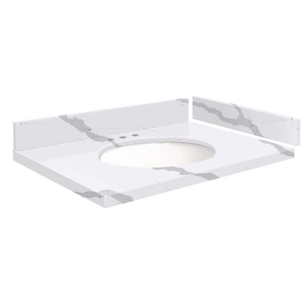 Transolid Silestone 28 in. W x 22.25 in. D Quartz White Round Single Sink Vanity Top in Bianco Calacatta