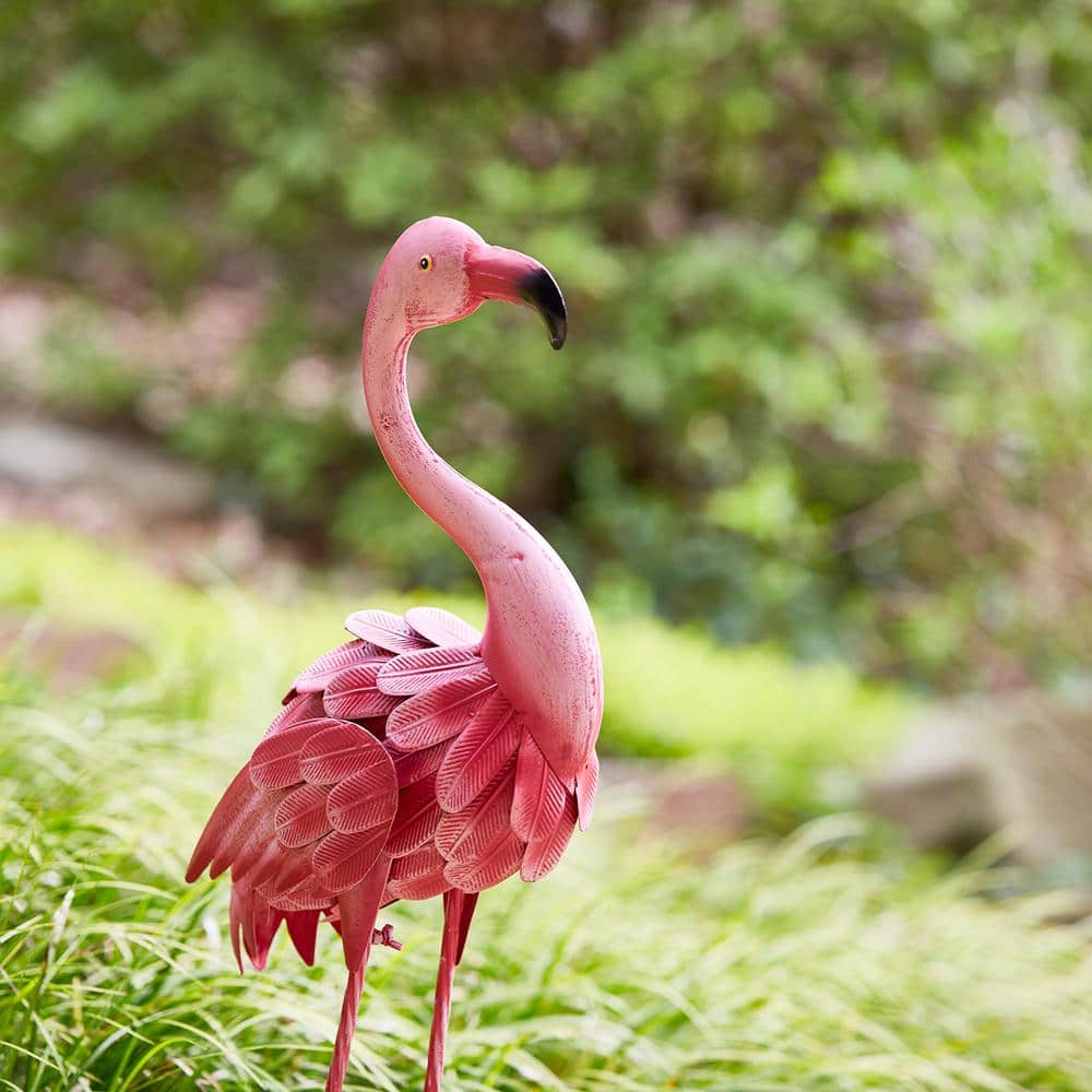 35-Inch Pink Metal Flamingo Garden Statue