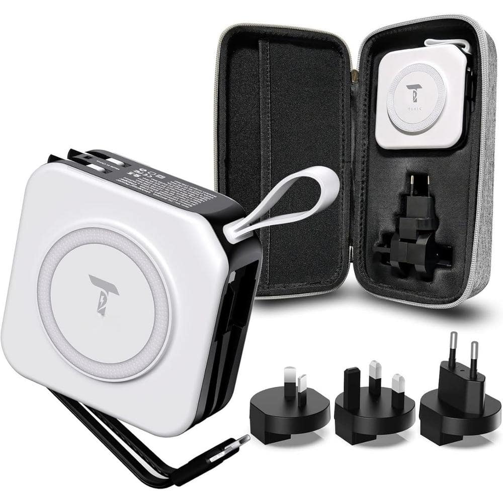 5-in-1 Universal Travel Power Bank with Built-in Cable in White