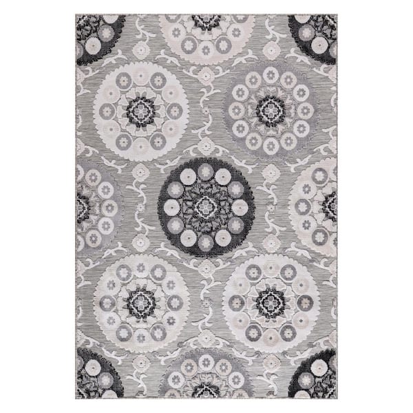 Beverly Rug Grey 8 ft. x 10 ft. Equator Medallion Bohemian Indoor Outdoor Area Rug