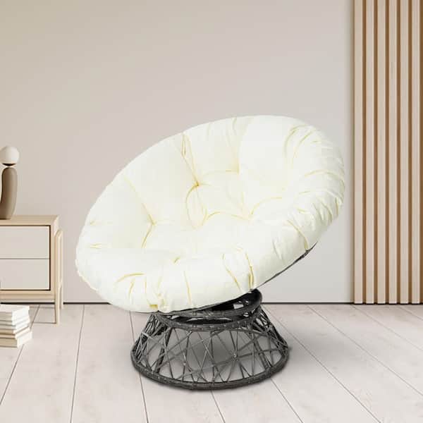 HOMESTOCK Wicker Papasan Chair with Oversized Cushion and Swivel Base, Indoor and Outdoor Lounge Chair in Cream, Dark Gray